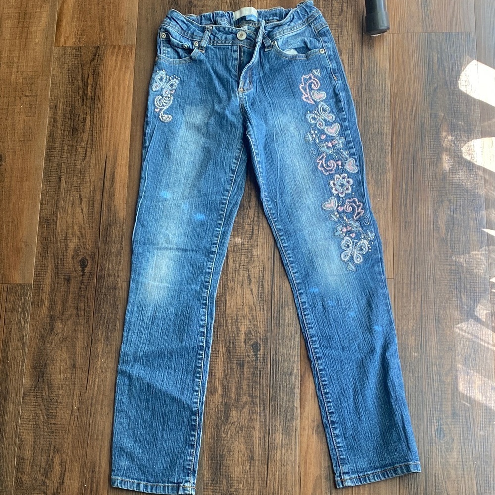 ❤️66 Kids' Blue Jeans with Pink Embroidery